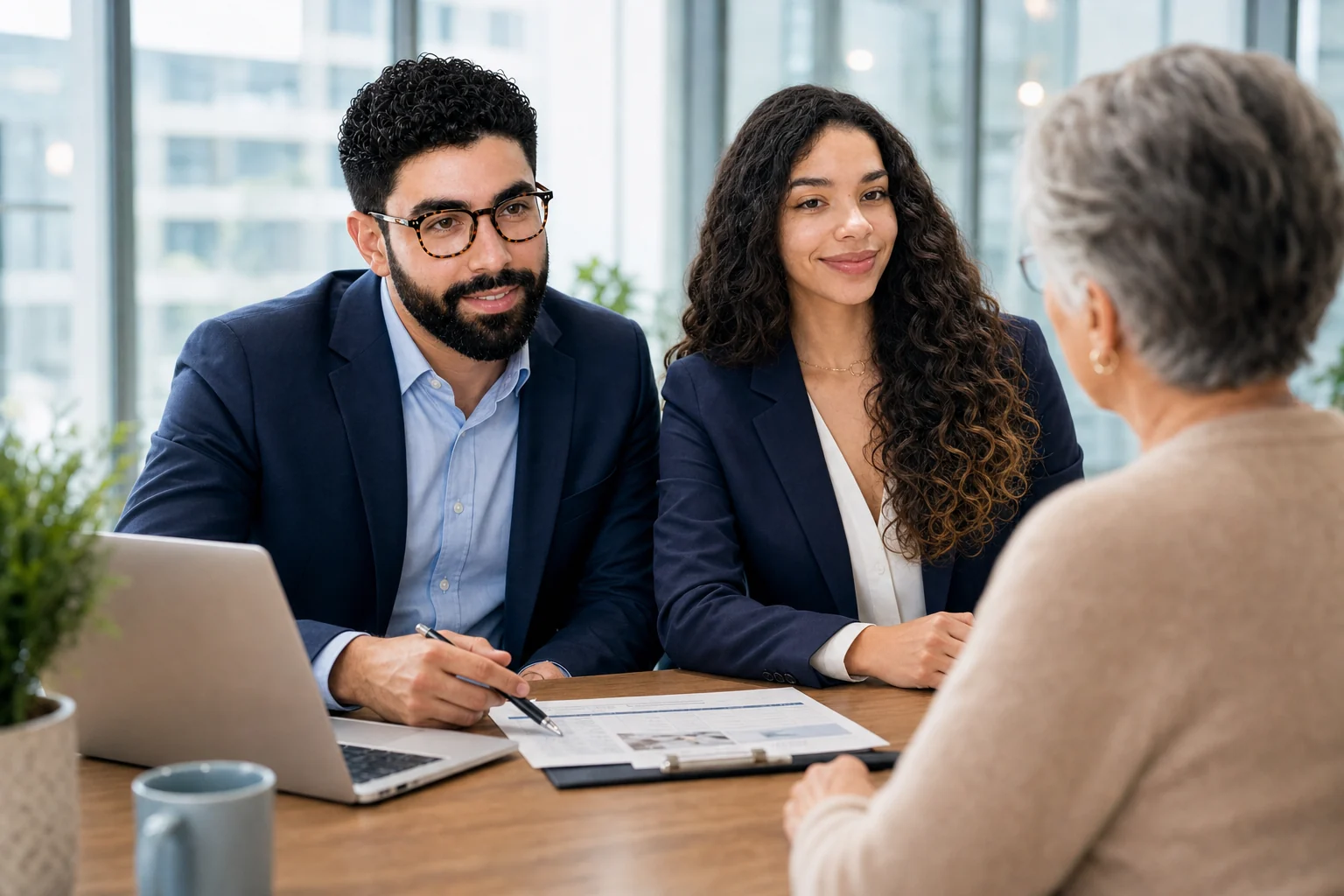 Joshua and Solange walking a long-time client through their coverage options